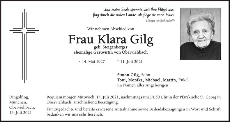 Traueranzeige Klara Gilg