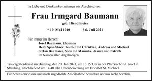 Traueranzeige Irmgard Baumann