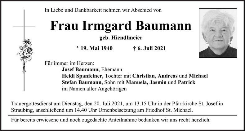 Traueranzeige Irmgard Baumann