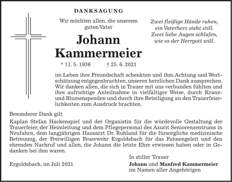 Traueranzeige Johann Kammermeier