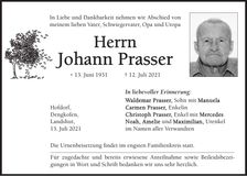 Traueranzeige Johann Prasser