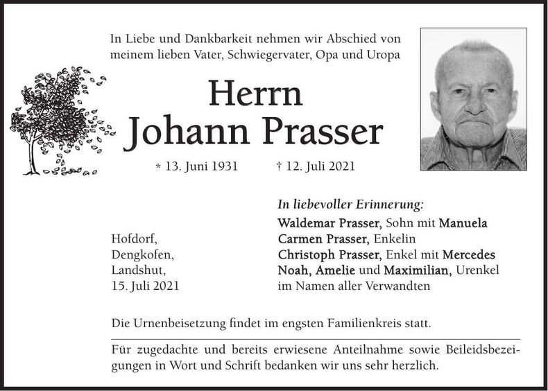 Traueranzeige Johann Prasser