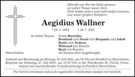 Traueranzeige Aegidius Wallner