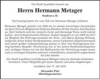 Traueranzeige Hermann Metzger