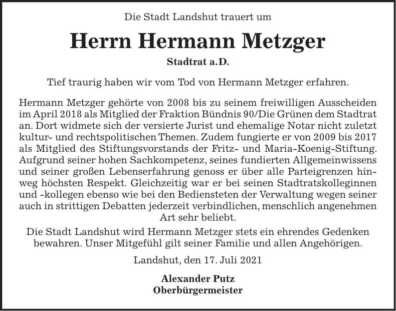 Traueranzeige Hermann Metzger