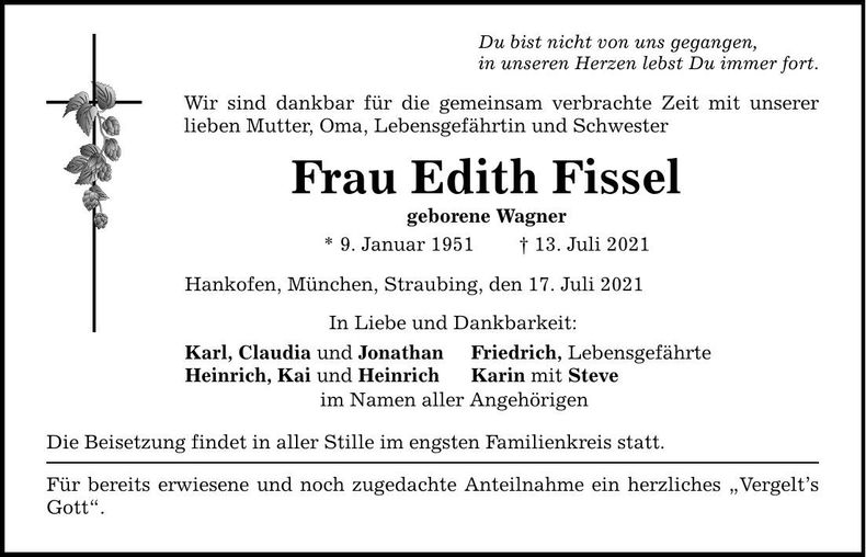 Traueranzeige Edith Fissel