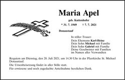 Traueranzeige Maria Apel