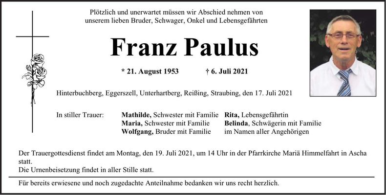 Traueranzeige Franz Paulus