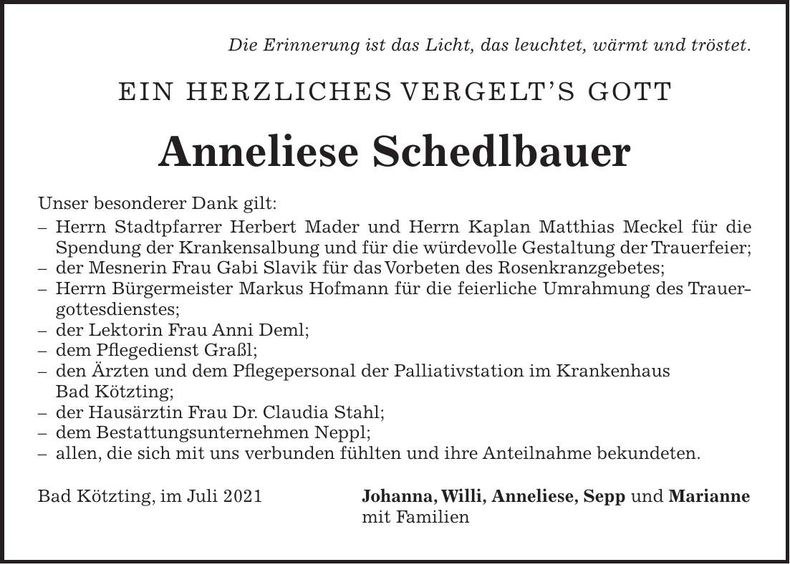 Traueranzeige Anneliese Schedlbauer
