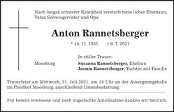 Traueranzeige Anton Rannetsberger