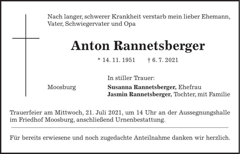 Traueranzeige Anton Rannetsberger