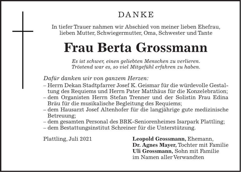 Traueranzeige Berta Grossmann