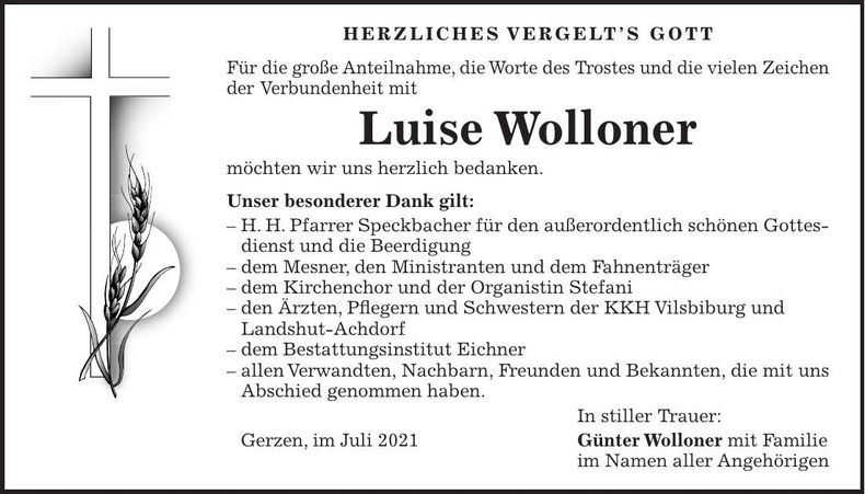 Traueranzeige Luise Wolloner