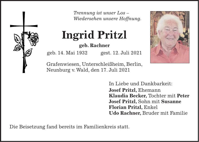 Traueranzeige Ingrid Pritzl