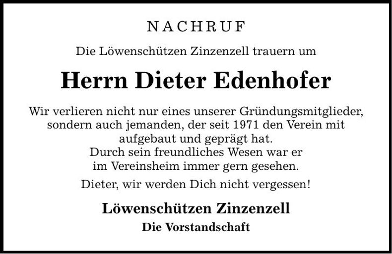 Traueranzeige Dieter Edenhofer