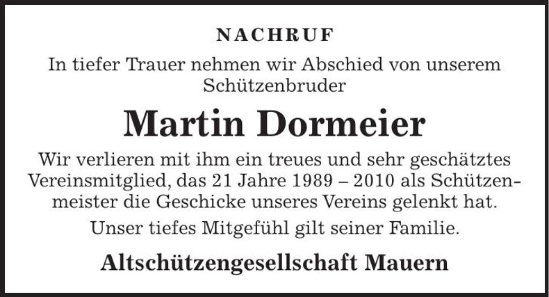Traueranzeige Martin Dormeier