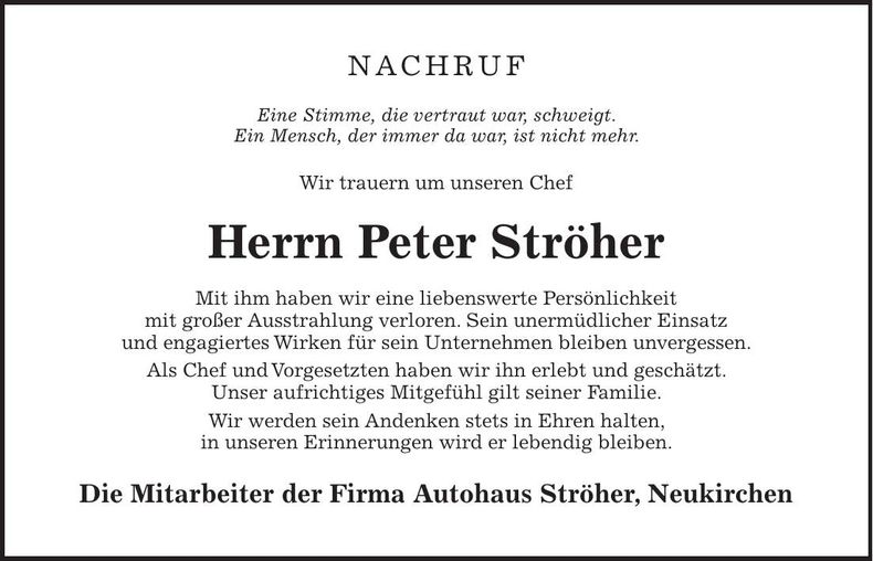 Traueranzeige Peter Ströher