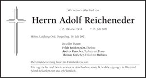 Traueranzeige Adolf Reicheneder