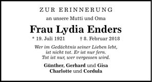 Traueranzeige Lydia Enders