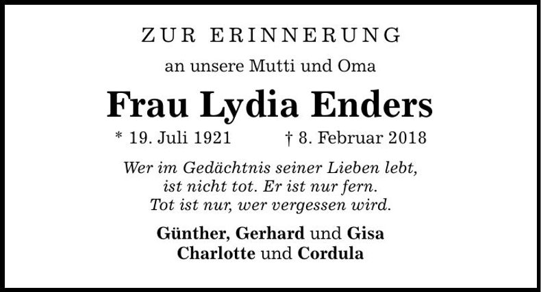 Traueranzeige Lydia Enders