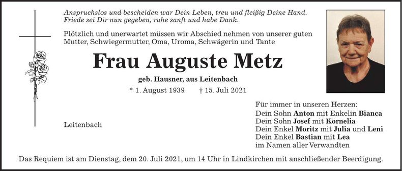 Traueranzeige Auguste Metz