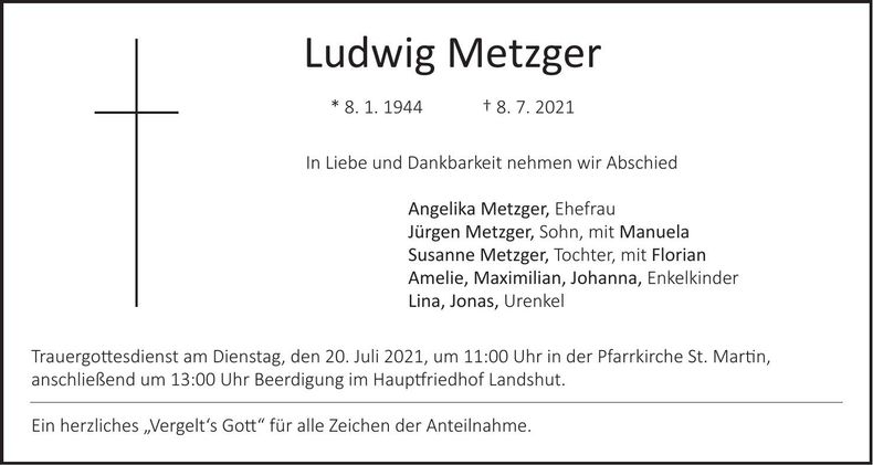 Traueranzeige Ludwig Metzger