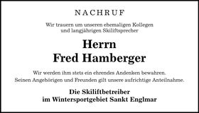 Traueranzeige Hamberger Fred
