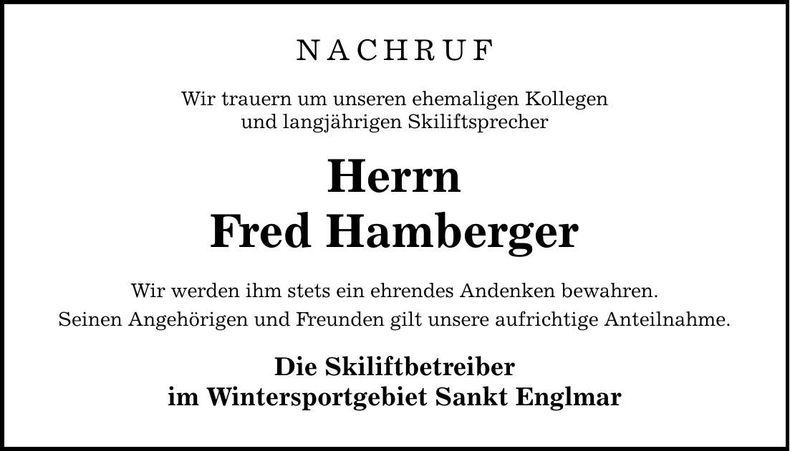 Traueranzeige Hamberger Fred
