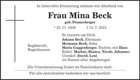 Traueranzeige Mina Beck