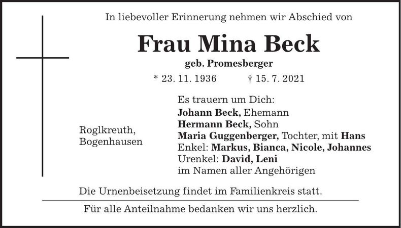 Traueranzeige Mina Beck