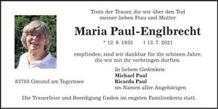 Traueranzeige Maria Paul-Englbrecht