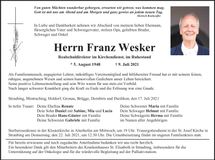 Traueranzeige Franz Wesker