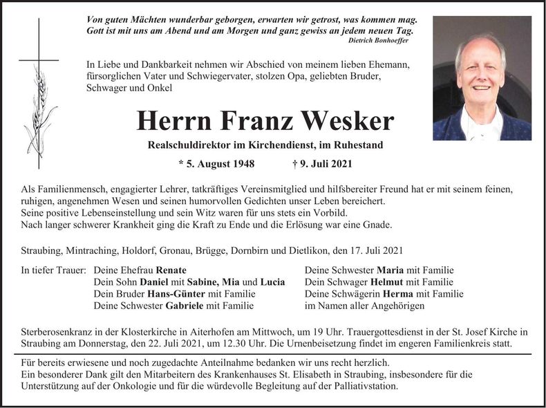 Traueranzeige Franz Wesker