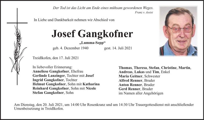 Traueranzeige Josef Gangkofner