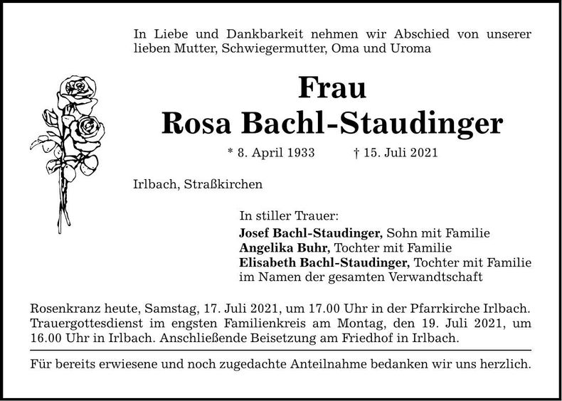 Traueranzeige Rosa Bachl-Staudinger