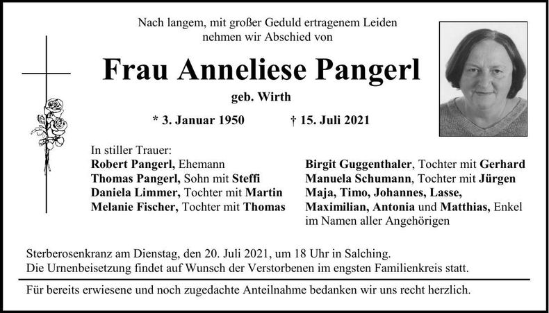 Traueranzeige Anneliese Pangerl