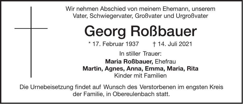 Traueranzeige Georg Roßbauer