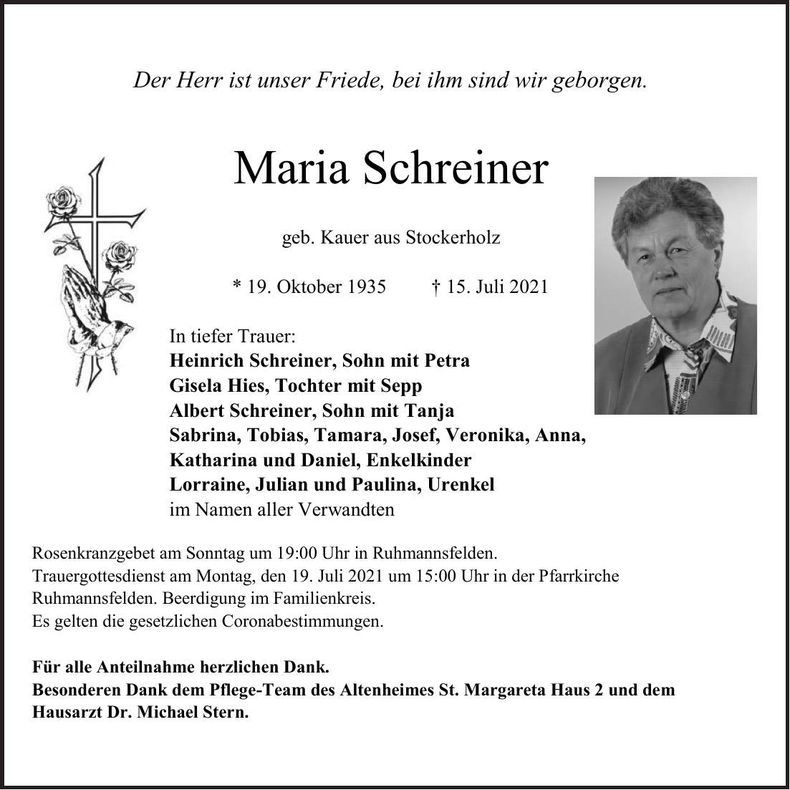 Traueranzeige Schreiner Maria