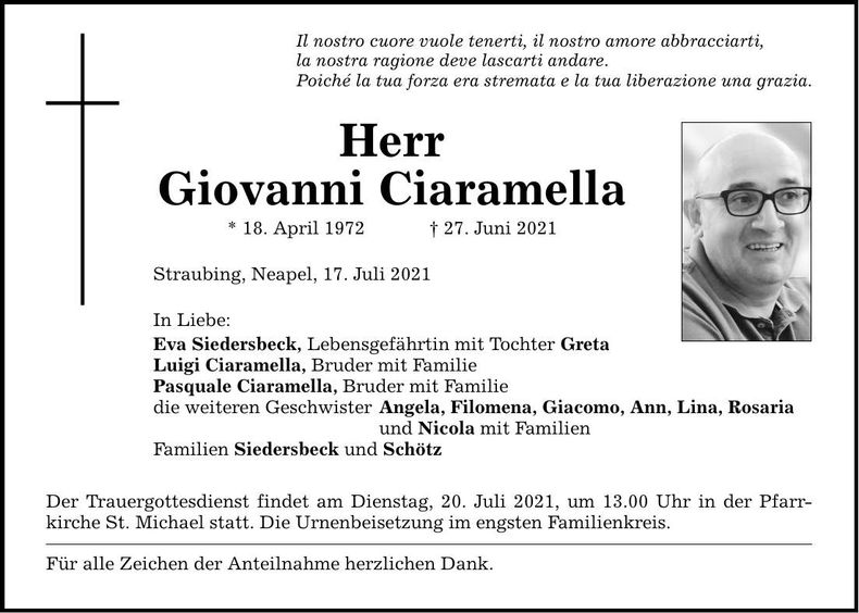 Traueranzeige Giovanni Ciaramella