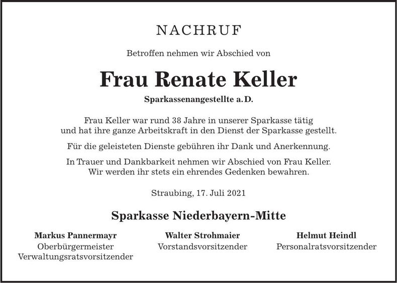 Traueranzeige Renate Keller