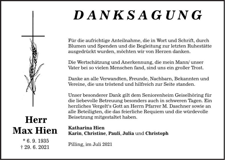 Traueranzeige Max Hien