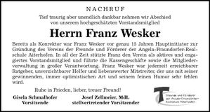 Traueranzeige Franz Wesker