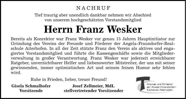 Traueranzeige Franz Wesker