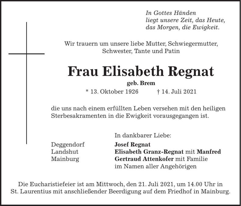 Traueranzeige Elisabeth Regnat