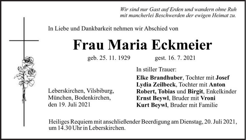 Traueranzeige Maria Eckmeier