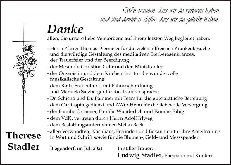 Traueranzeige Therese Stadler