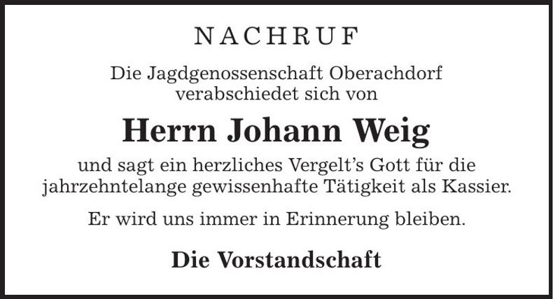 Traueranzeige Johann Weig