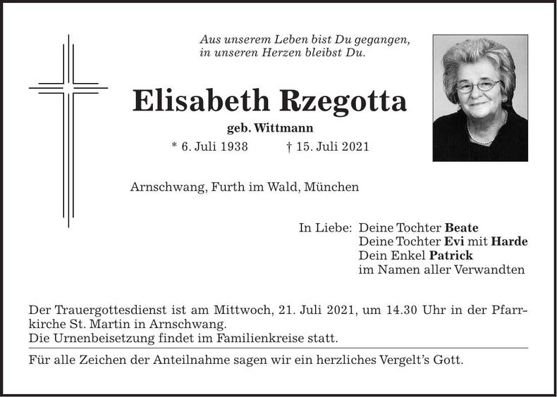 Traueranzeige Elisabeth Rzegotta