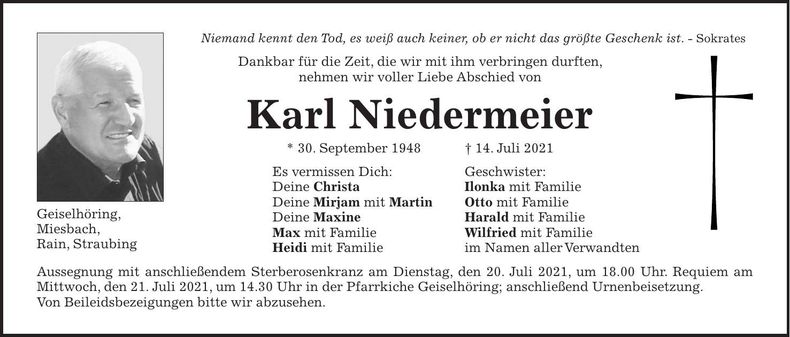 Traueranzeige Karl Niedermeier