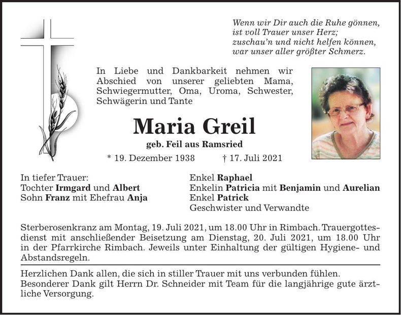 Traueranzeige Maria Greil